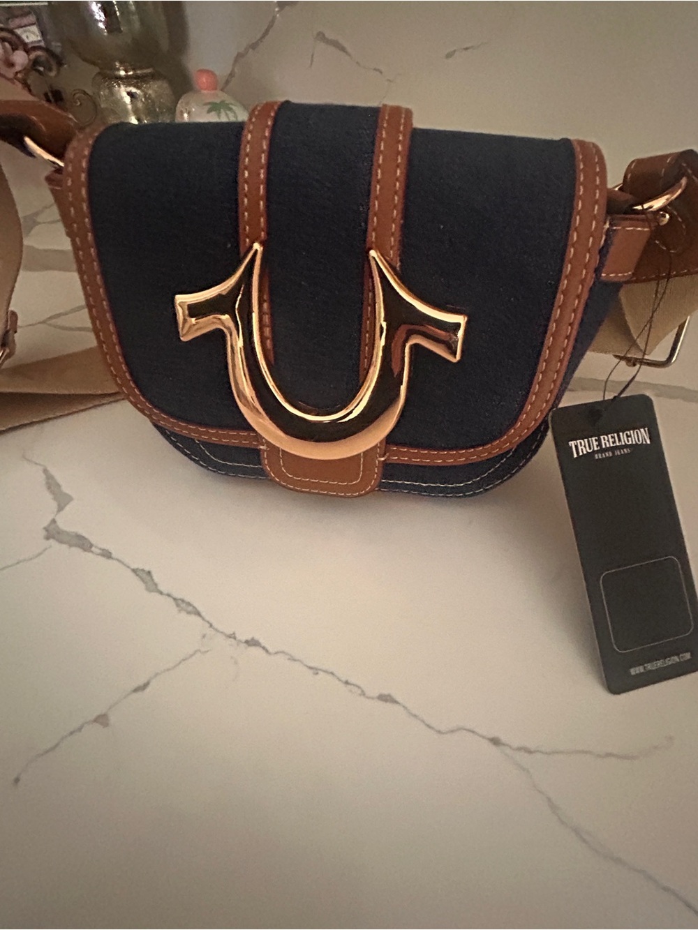 True Religion Navy Denim Crossbody with Brown Trim and Gold Hardware
